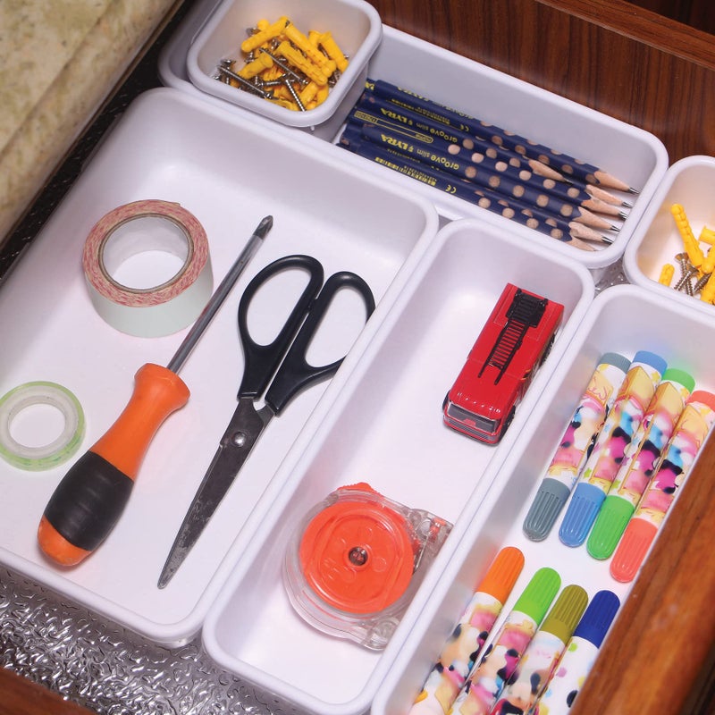 TENABORT 42 Pack Interlocking Desk Drawer Organizer Tray Dividers Plastic Shallow Narrow Drawers Organizers Separators Storage Bins Container for Kitchen Bathroom Makeup Office Vanity Dresser White - Image 5